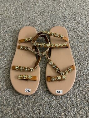 Embellished Tan Strappy Flat Sandals